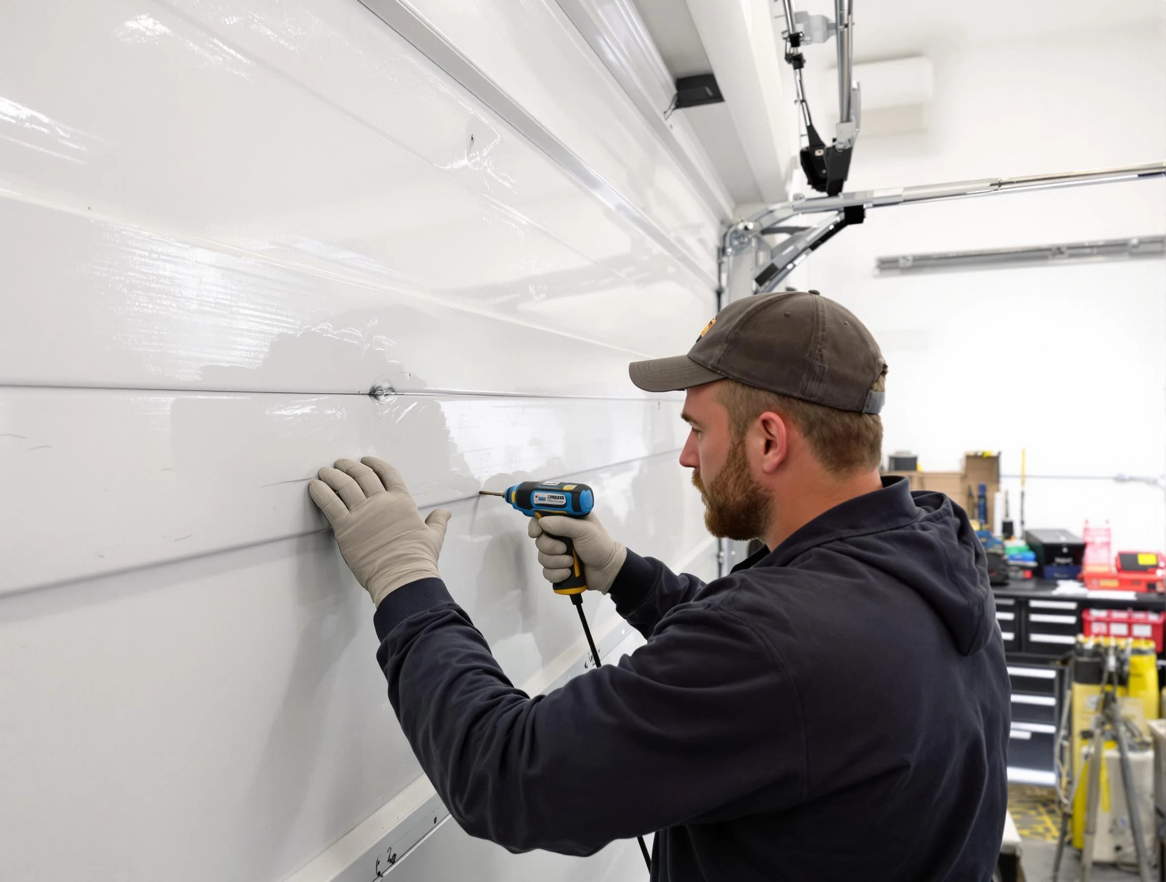 Norman Garage Door Repair technician demonstrating precision dent removal techniques on a Norman garage door