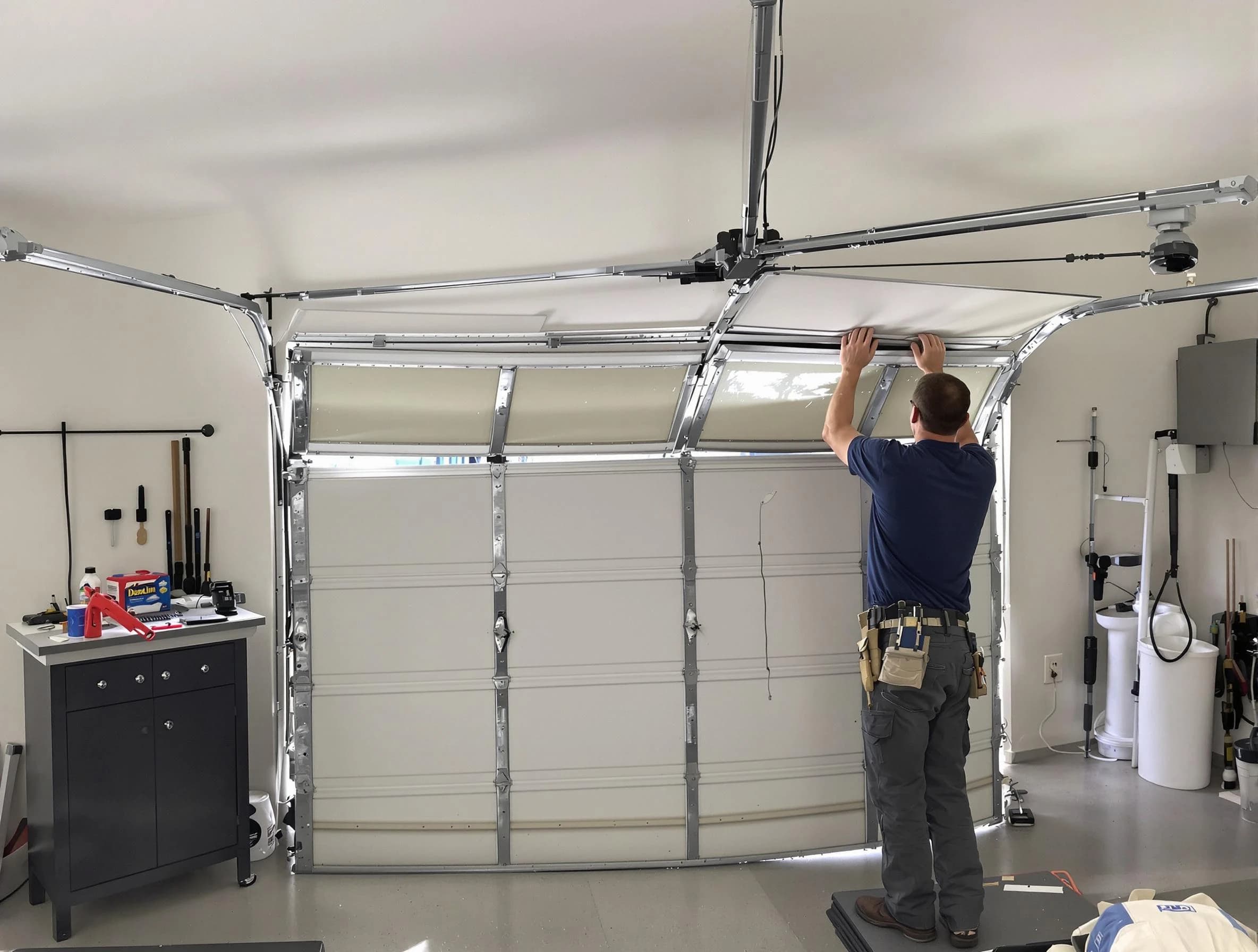 Norman Garage Door Repair specialist performing precise section replacement on Norman garage door