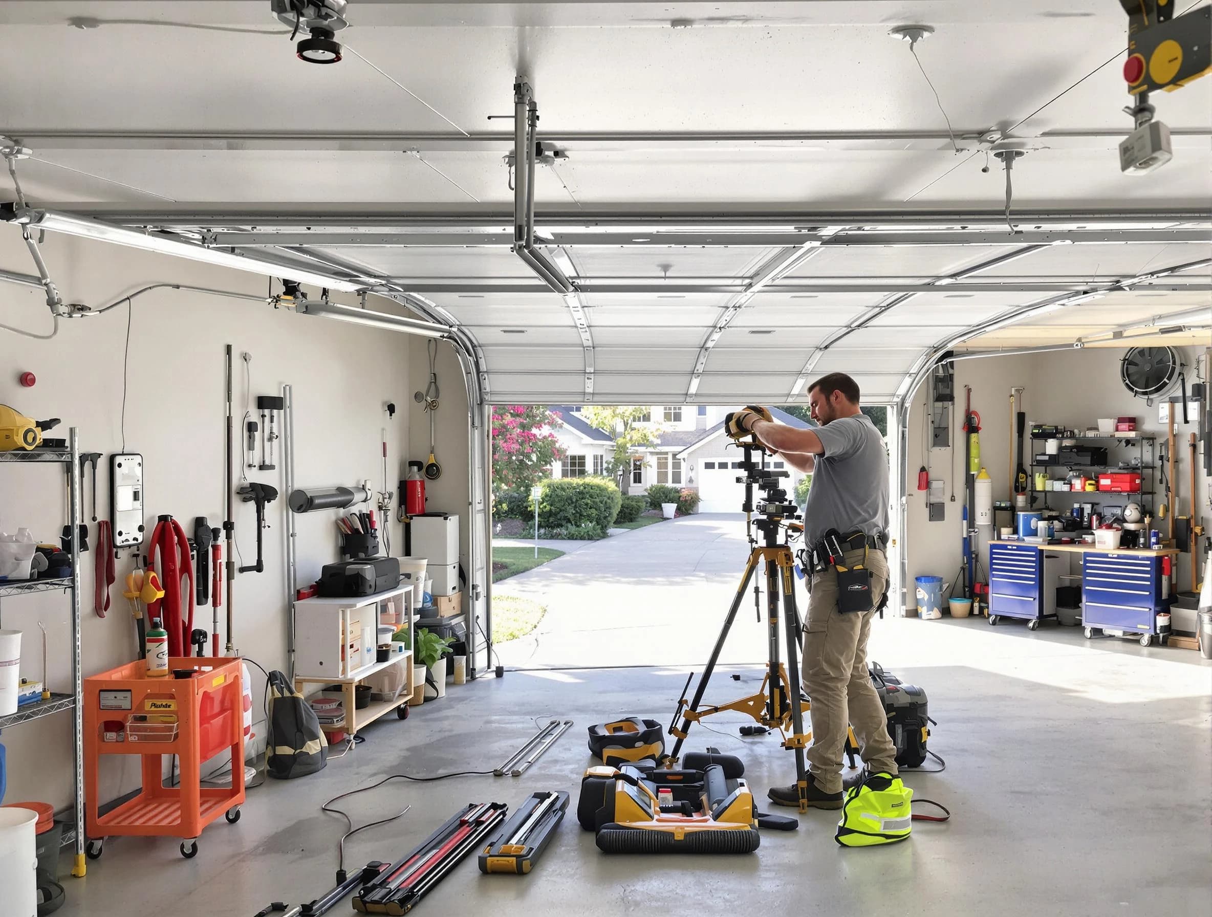 Norman Garage Door Repair specialist performing laser-guided track alignment in Norman