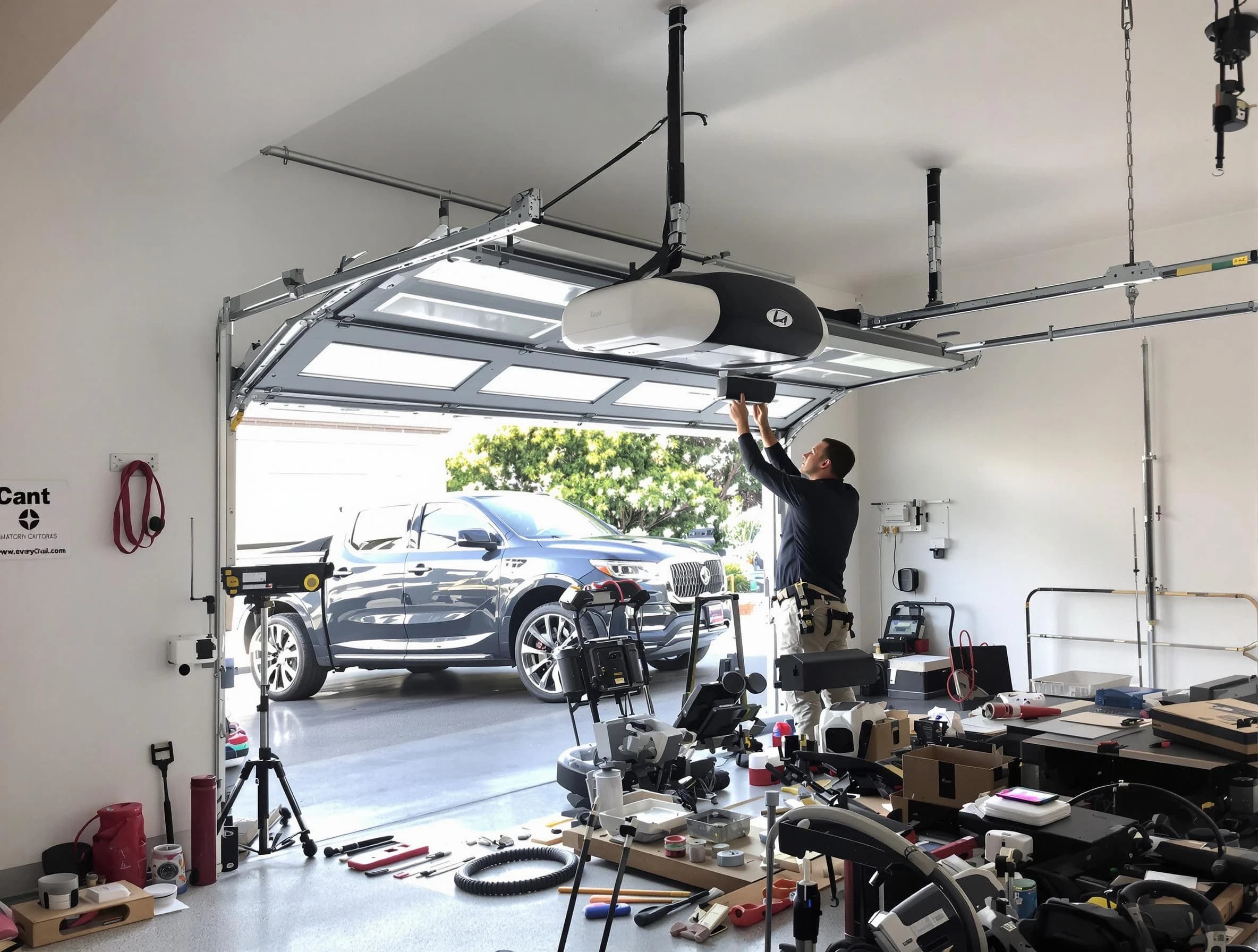 Norman Garage Door Repair specialist installing smart garage door opener system in Norman home