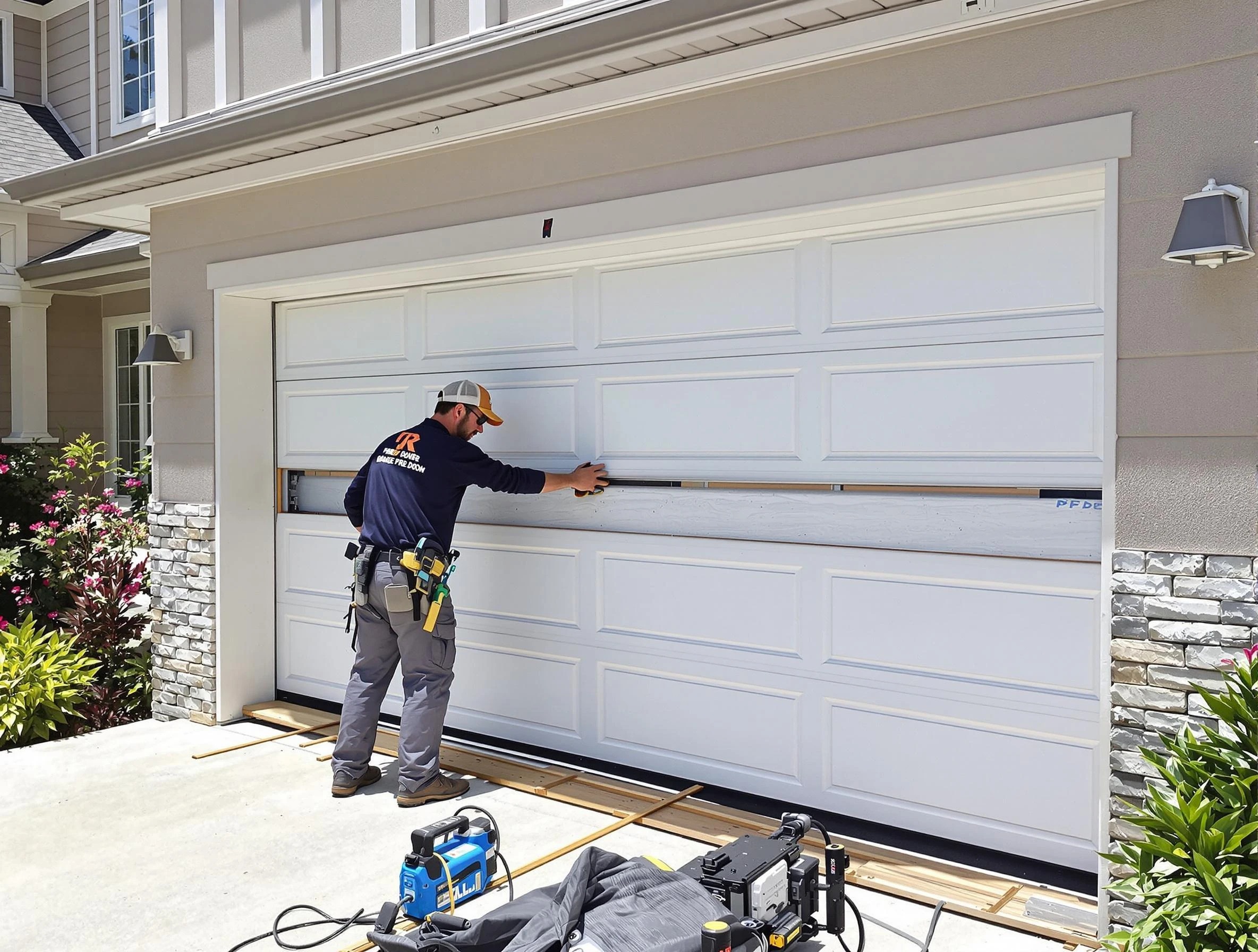 Norman Garage Door Repair team performing complete garage door replacement at Norman residence
