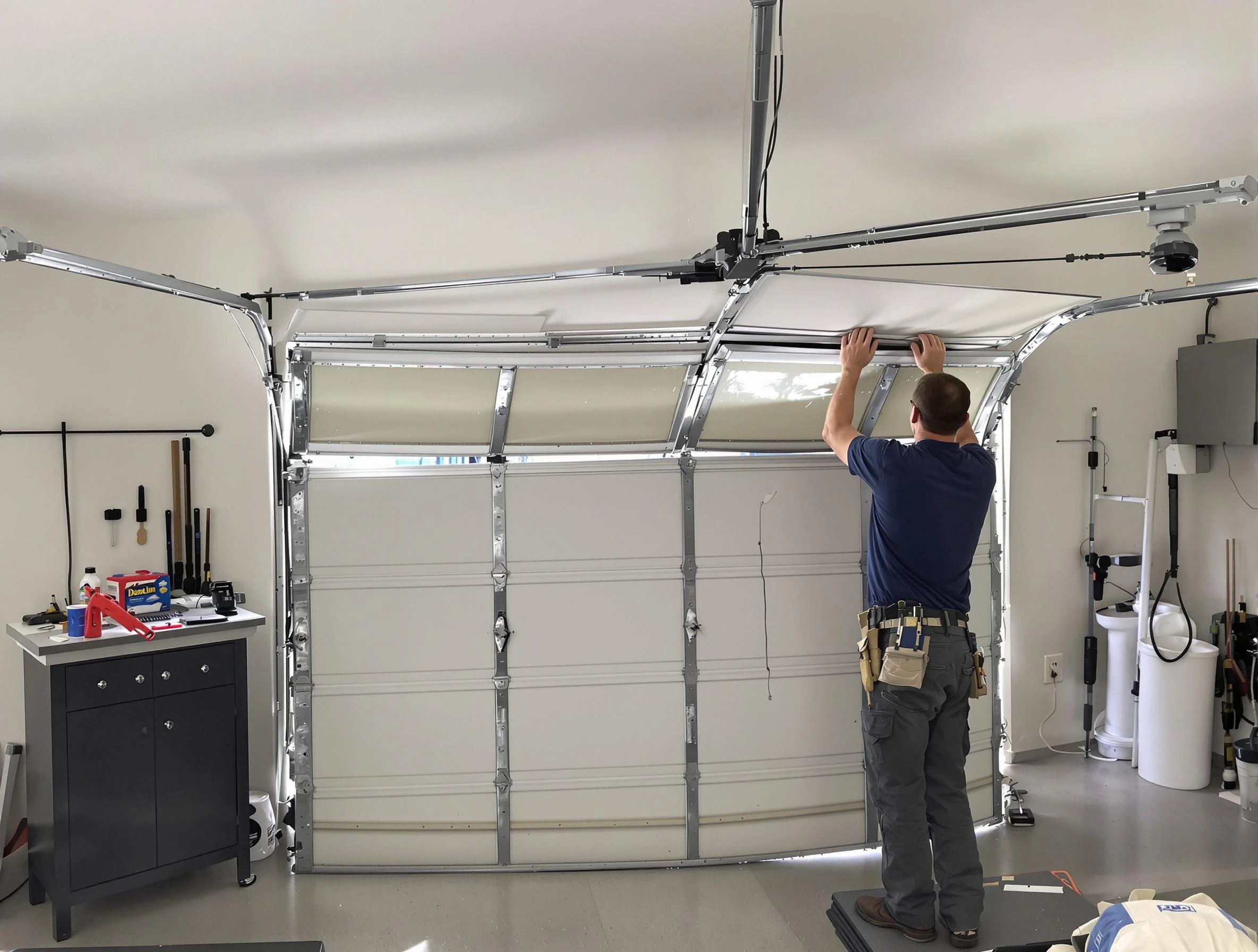 Norman Garage Door Repair specialist performing precise section replacement on Norman garage door